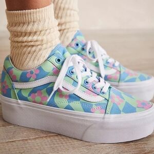 Vans | Old Skool Stacked Checkered Floral Blue Platform Shoes, Womens 9